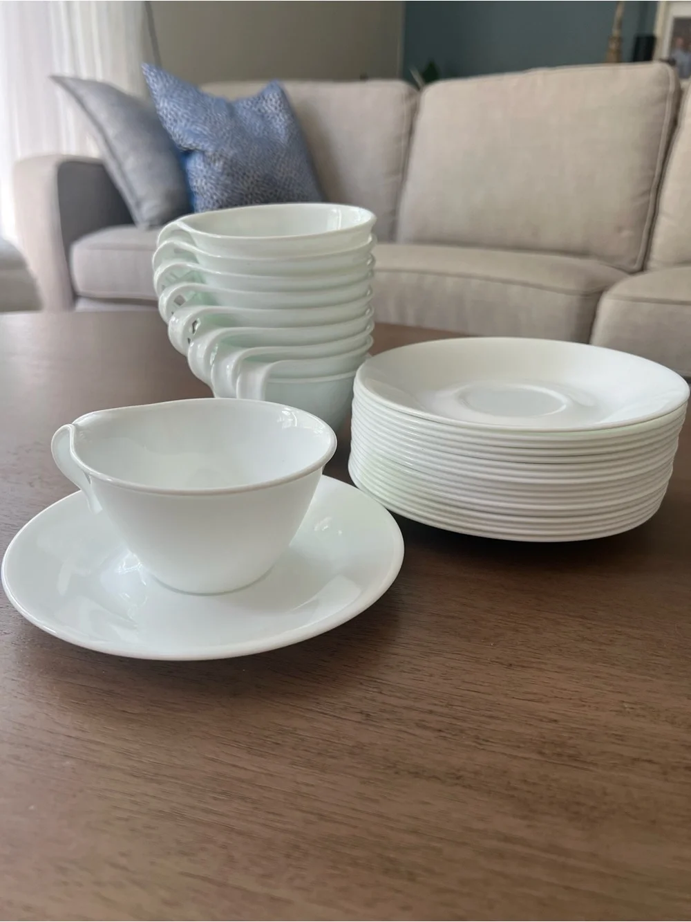 (Set of 10) Corelle /Corning WINTER FROST WHITE Flat Cup - Hook Handle w/saucers